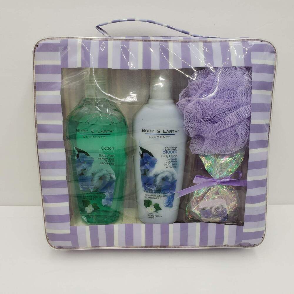 Body & Earth Elements COTTON BLOOM Gift Set Body Wash & Lotion, Bath Salts, Puff